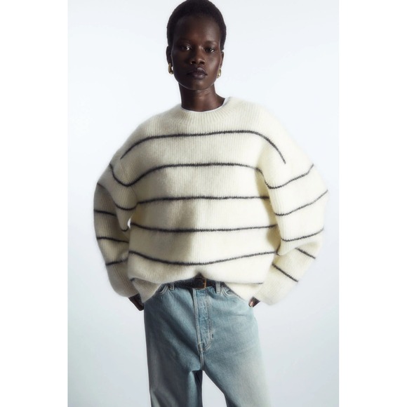 COS Sweaters - COS Textured Mohair-Blend Jumper Cream Navy Blue Striped Wool Sweater Size M